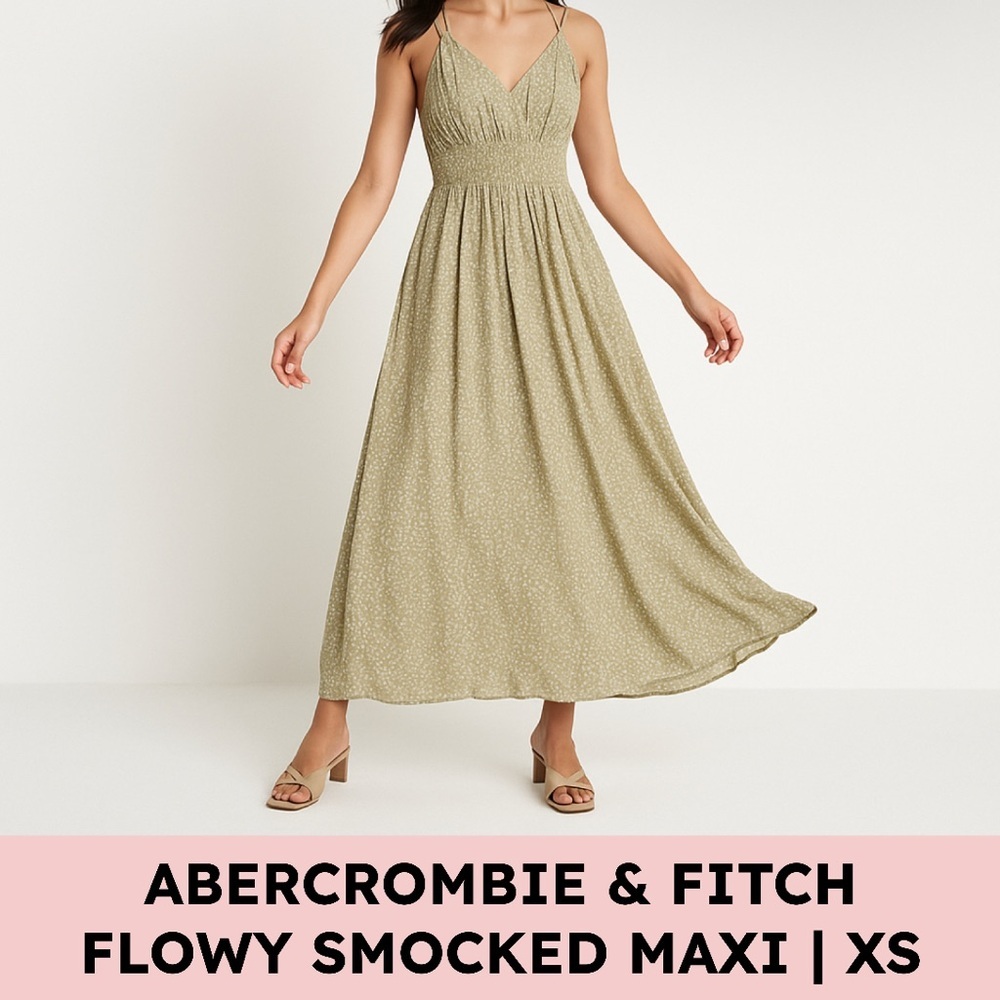 Abercrombie & Fitch Floral Viscose Maxi Dress Olive Green Smocked Strappy XS - Picture 9 of 9